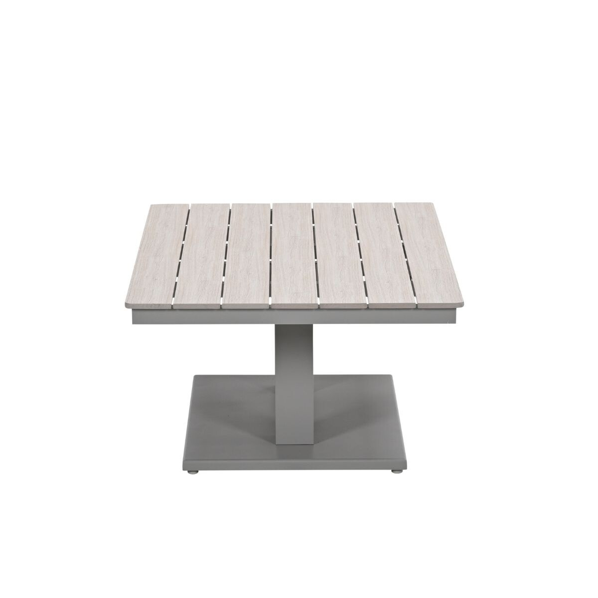 A rectangular table with a slatted wood top and a grey base.