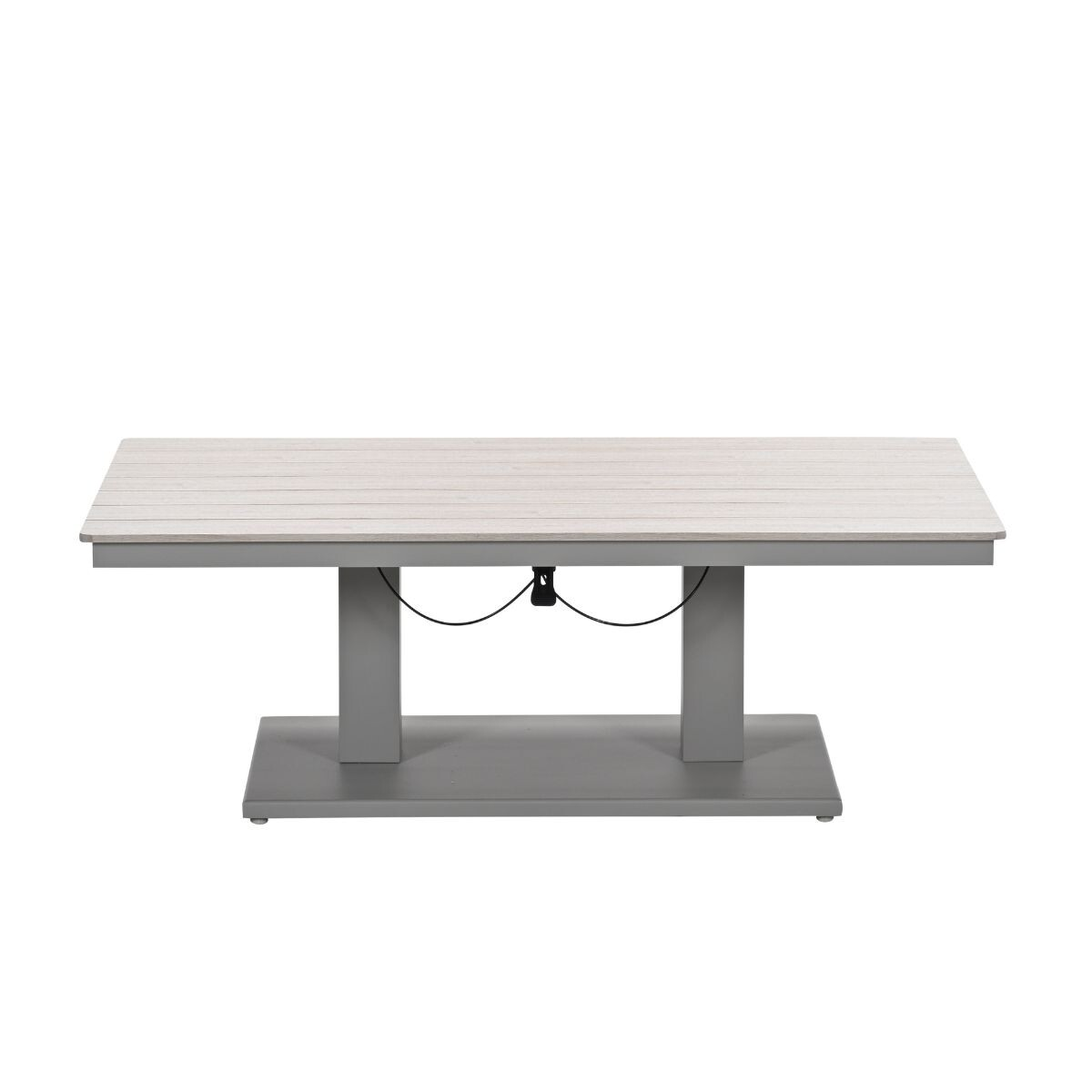 A rectangular table with gray legs and a light gray slatted top.