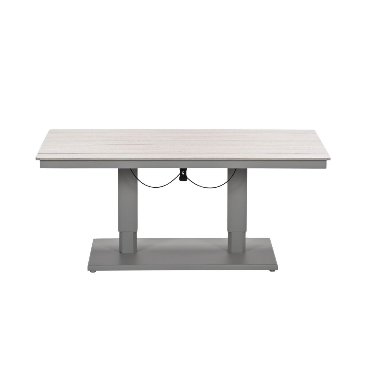 A gray table with a light wood top and two column legs. Adjustable height.