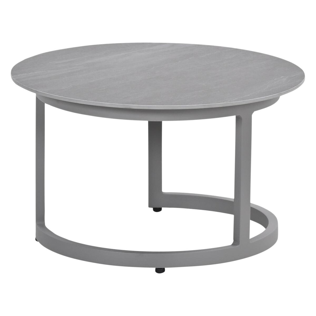 A gray round coffee table with a stone-patterned top and metal frame.