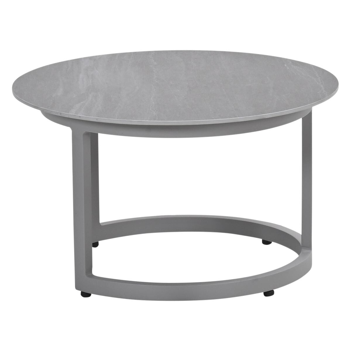 Gray round table with a marble-patterned top and a sleek metal base.