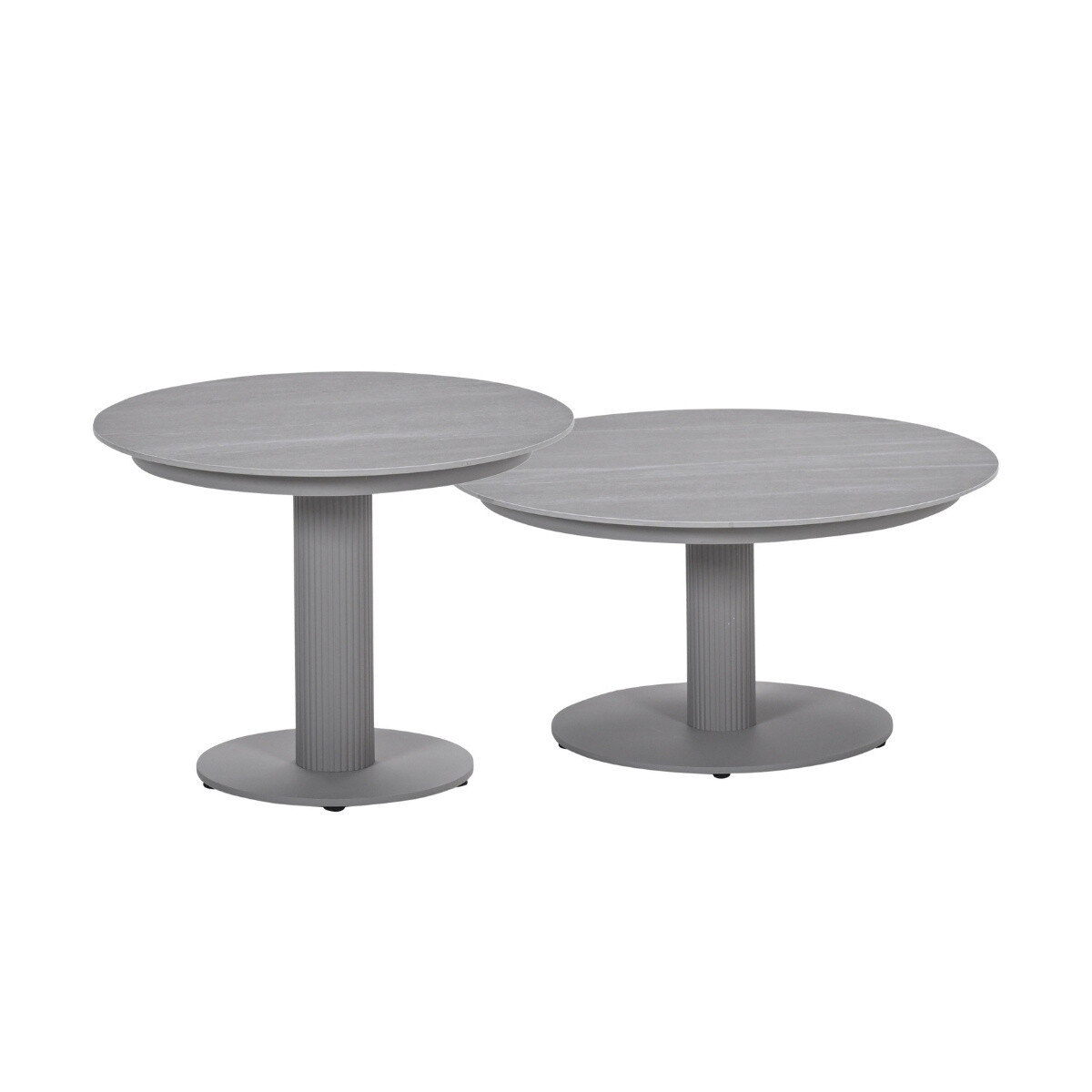 Two round grey coffee tables with pedestal bases.