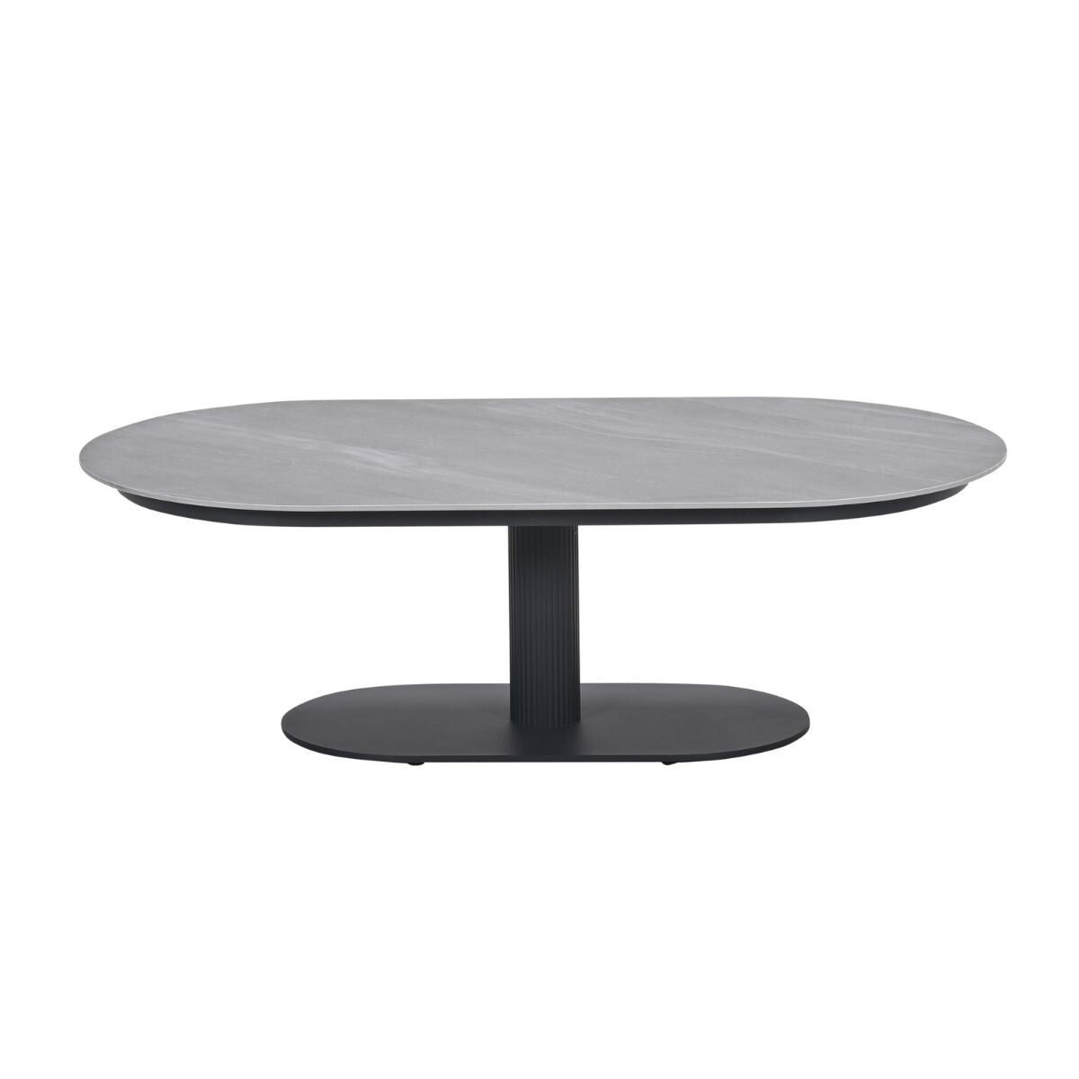 Een ovale tafel met een grijs marmeren blad en een zwarte voet.