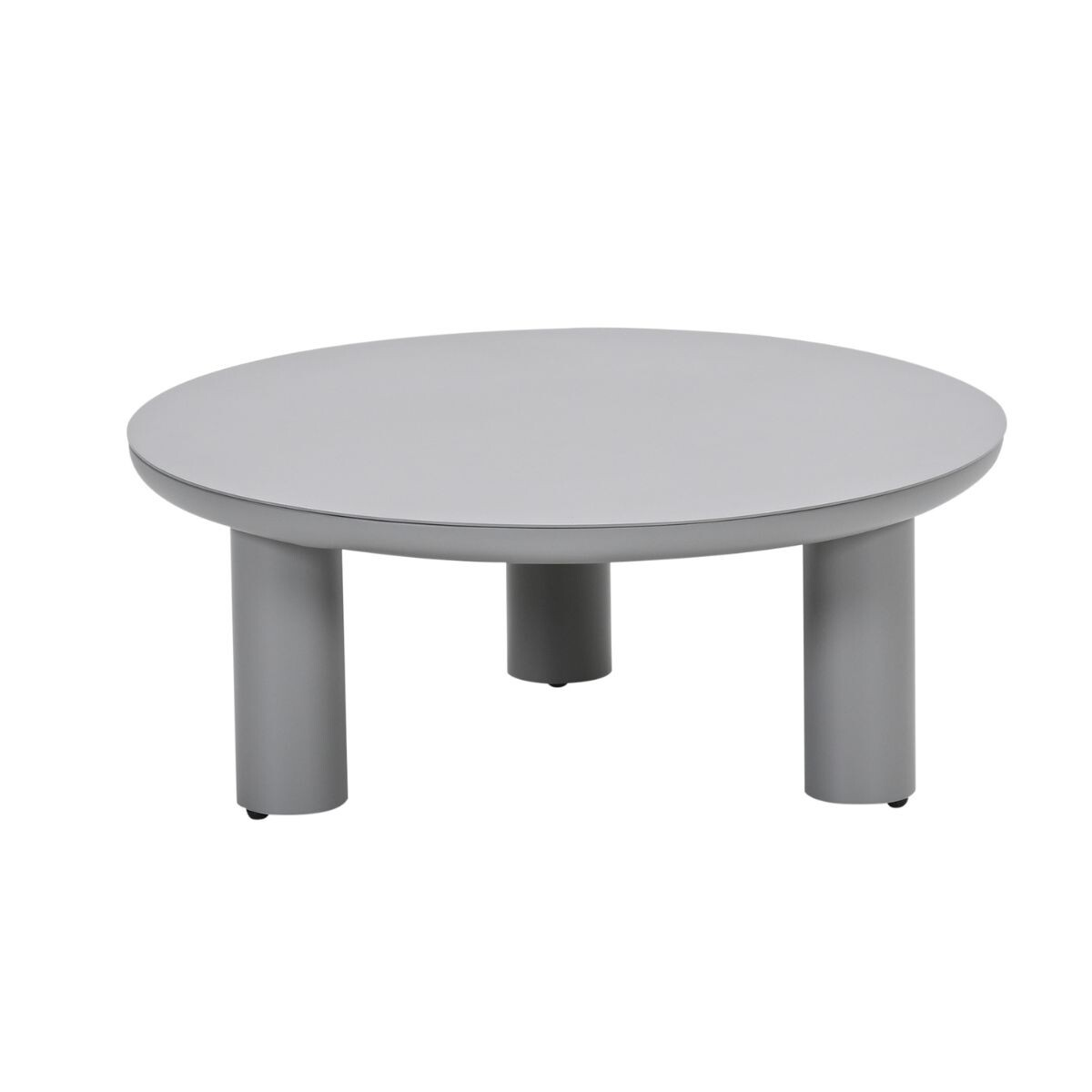 A round, gray coffee table with three cylindrical legs.