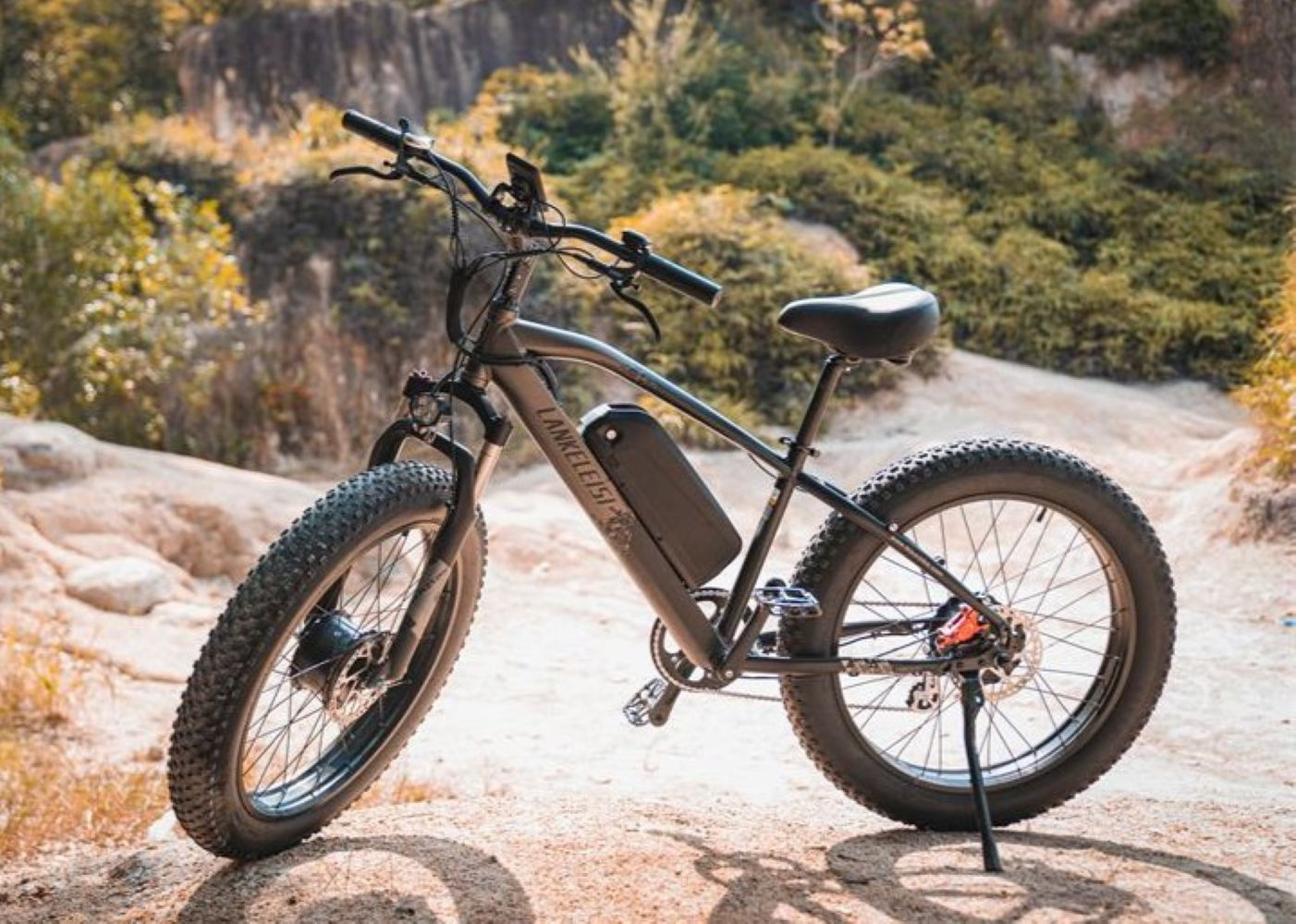 Una e-bike nera con pneumatici larghi è parcheggiata all'aperto su un sentiero sterrato.