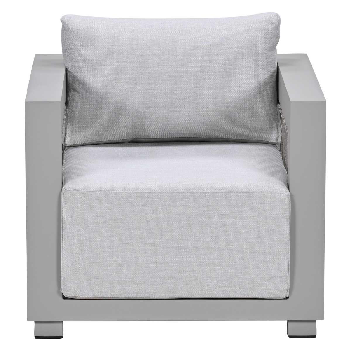 Een moderne grijze fauteuil met lichtgrijze kussens.