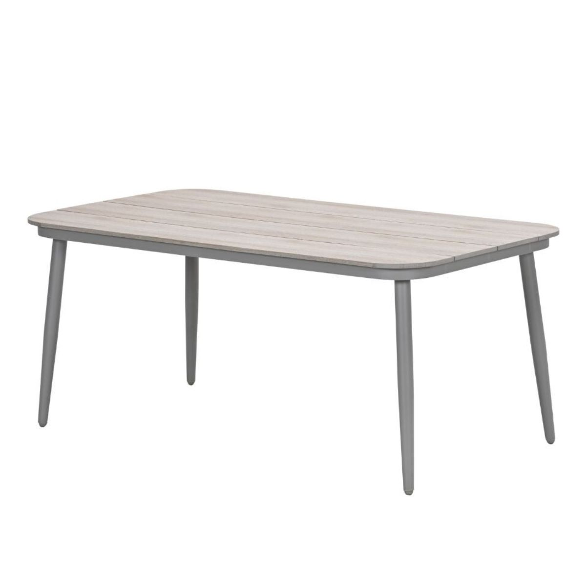 Een rechthoekige tafel met houten nerfblad en grijze poten, geïsoleerd op witte achtergrond.