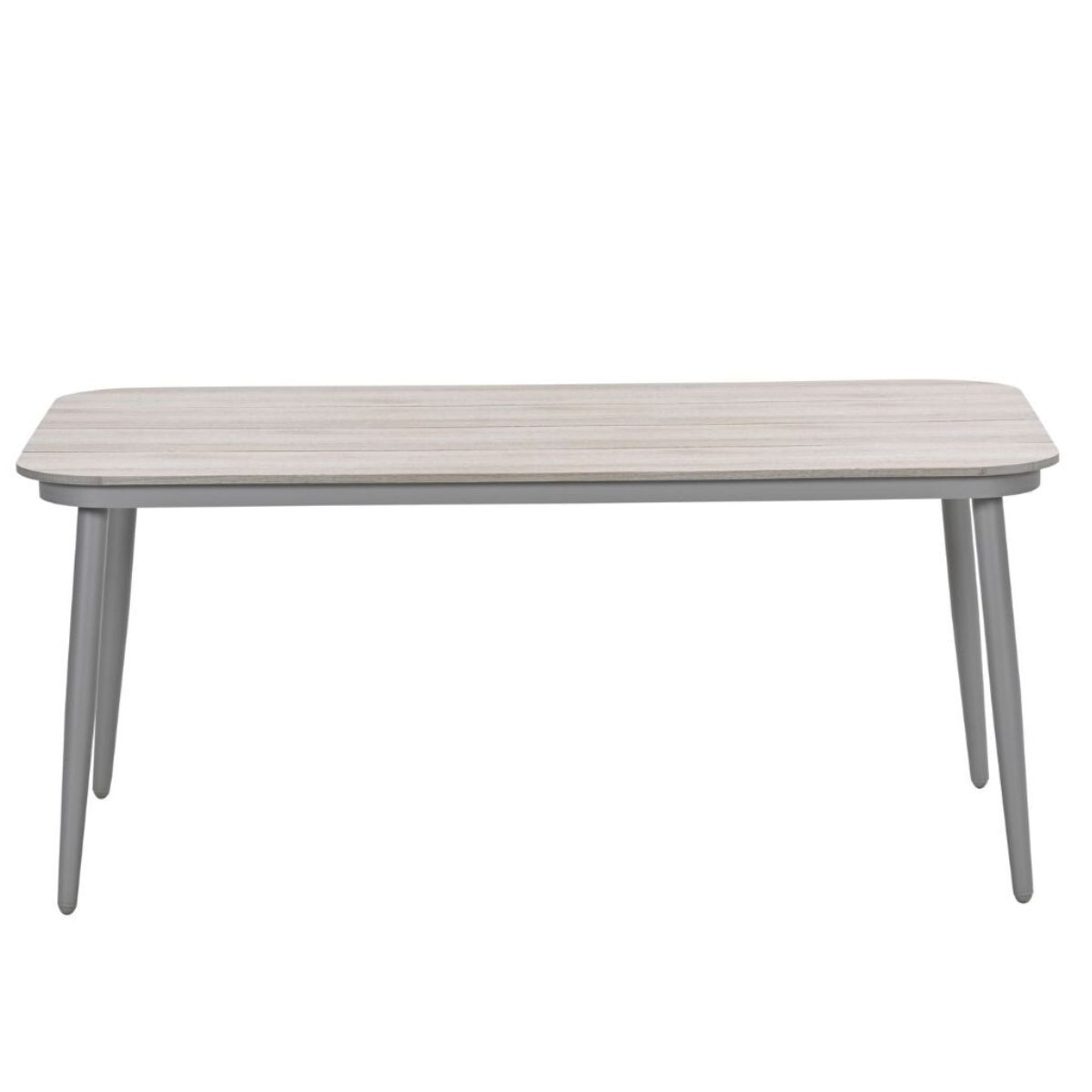 Een rechthoekige tafel met een licht houtnerf blad en grijze poten.