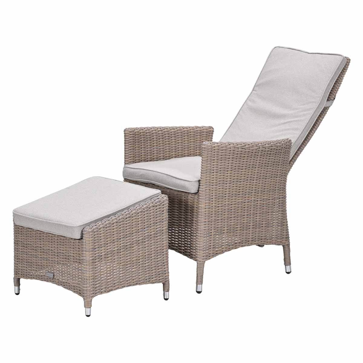 A brown wicker armchair with an ottoman and light gray cushions.