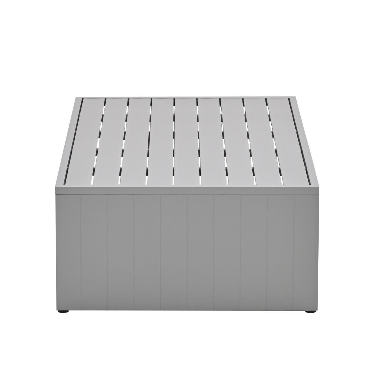 A gray rectangular table with a slatted top and vertical sides.