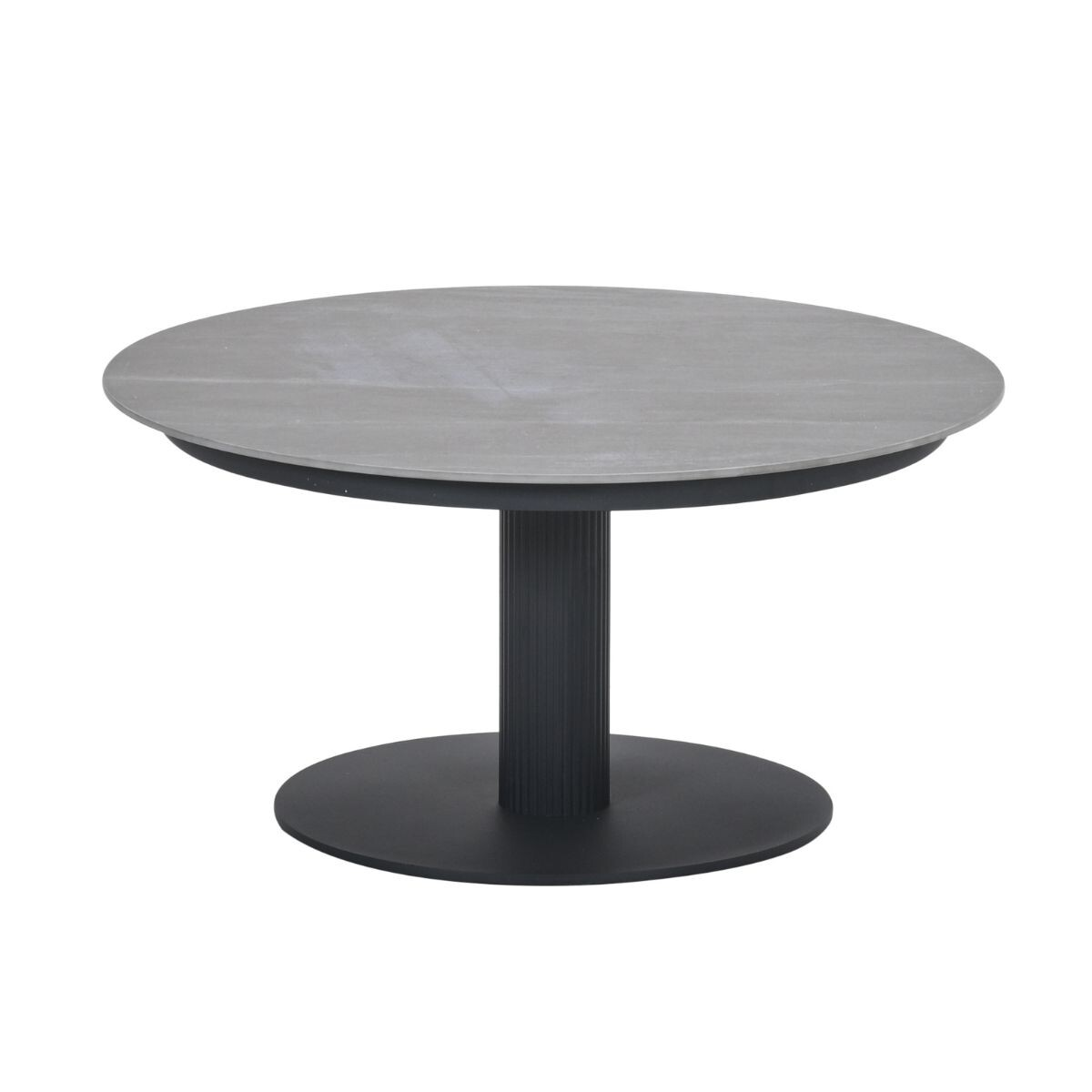 A round gray table with a black pedestal base and column.