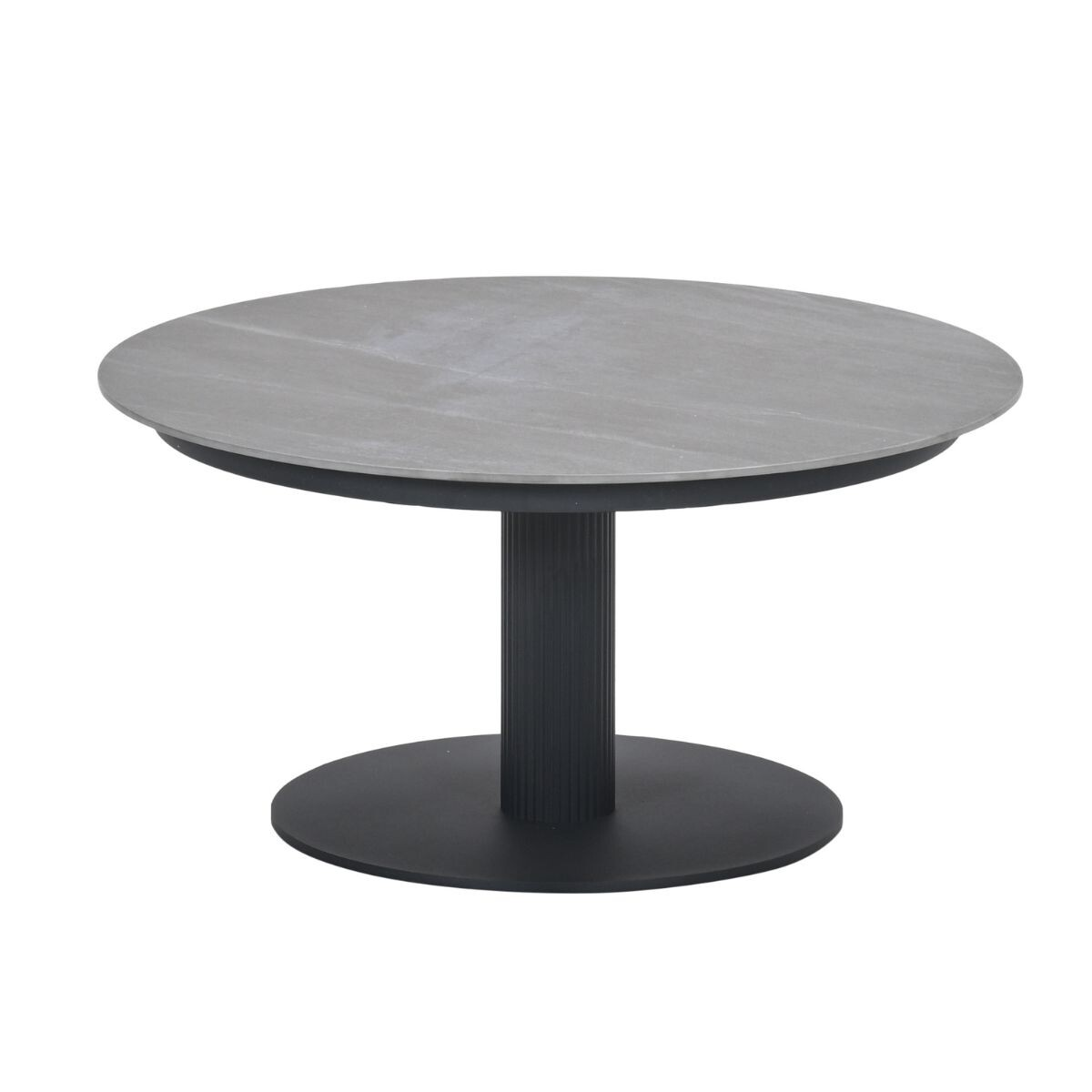 Gray round table with a black fluted pedestal and base.
