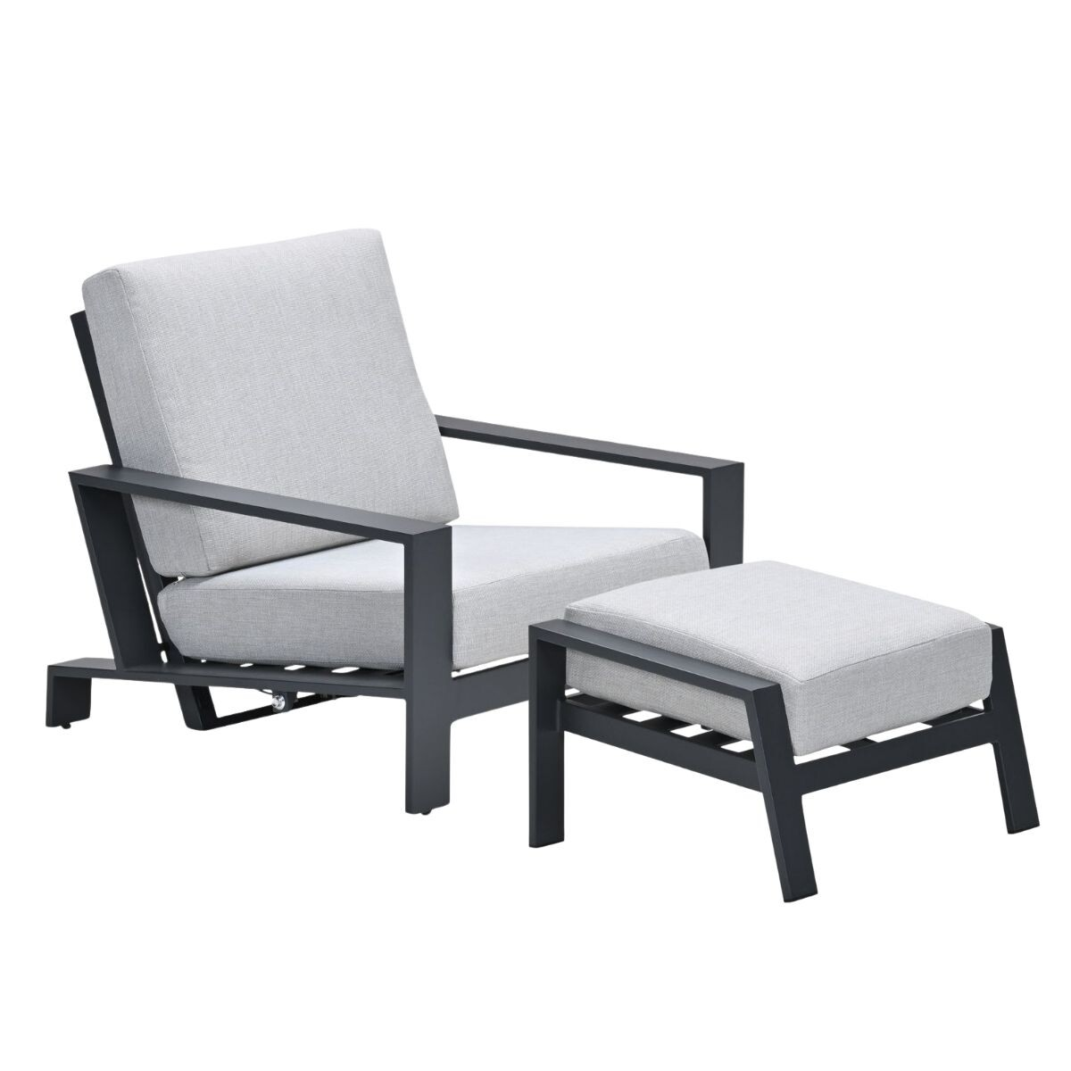 A grey armchair with a matching ottoman, both featuring light grey cushions.
