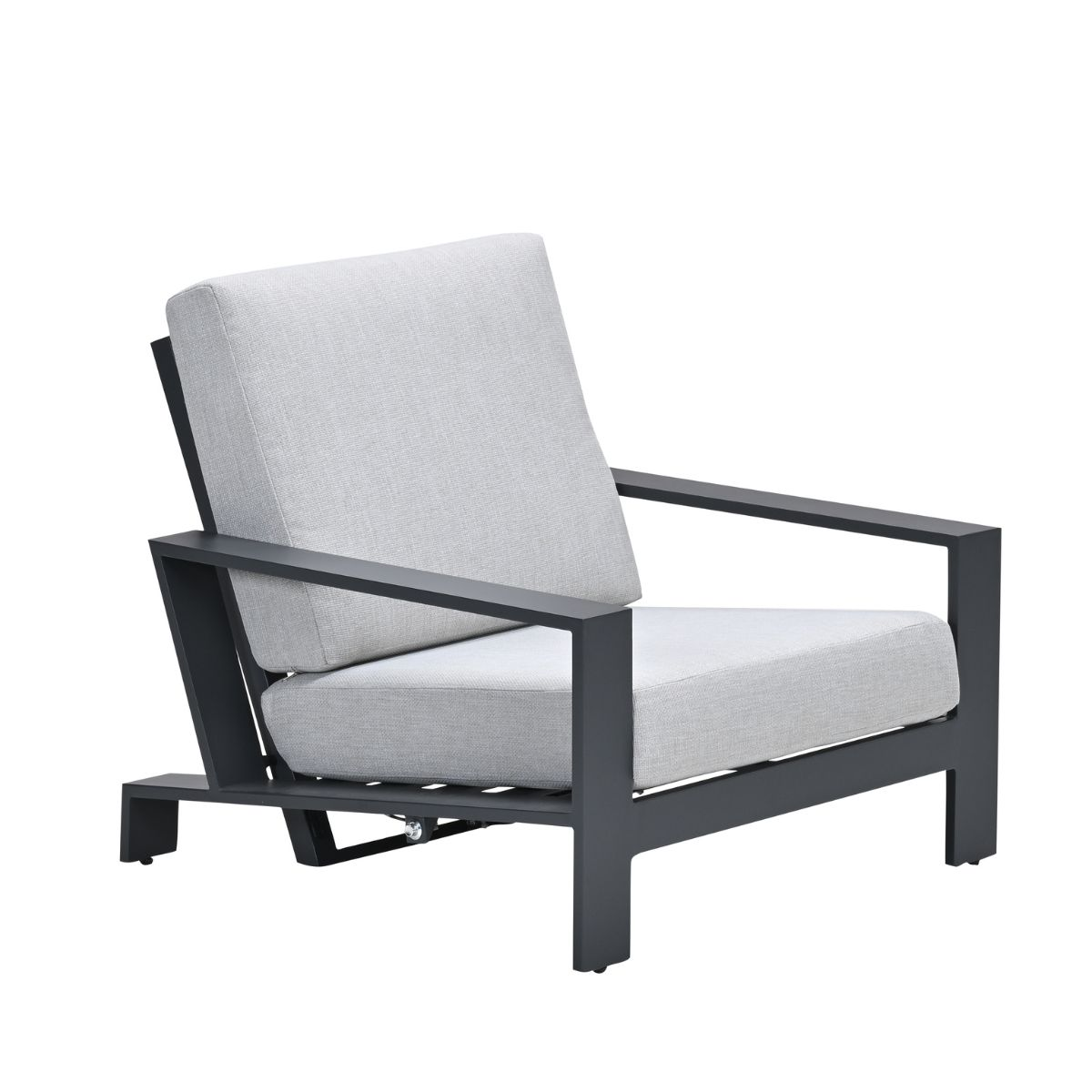 A modern gray armchair with light gray cushions, isolated.