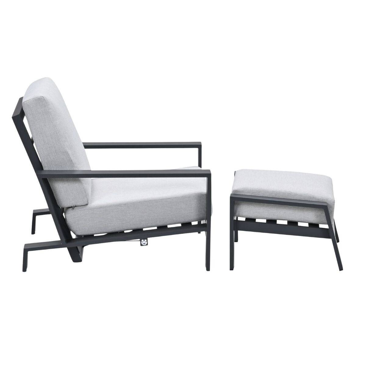 A modern grey armchair with a matching ottoman on a white background.