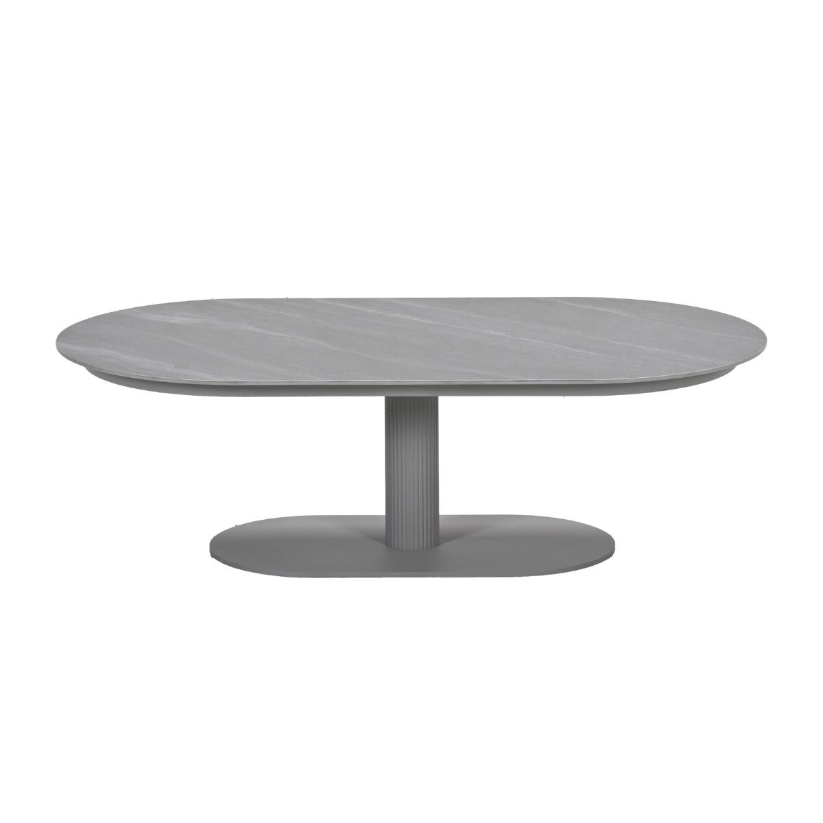 Een ovale grijze tafel met een geribde middenpoot en een ovale basis.
