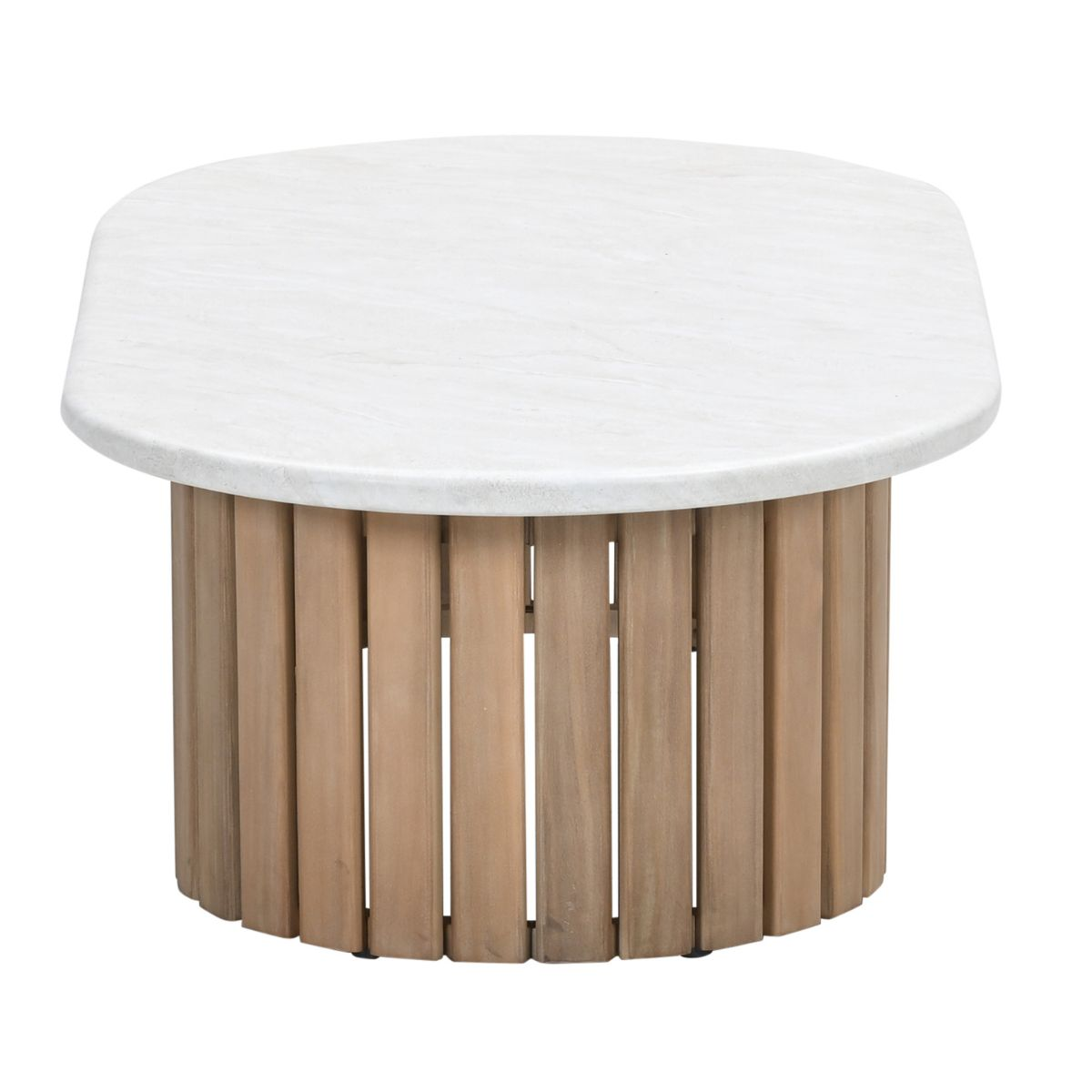 Modern coffee table with a white marble top and a cylindrical wooden base.