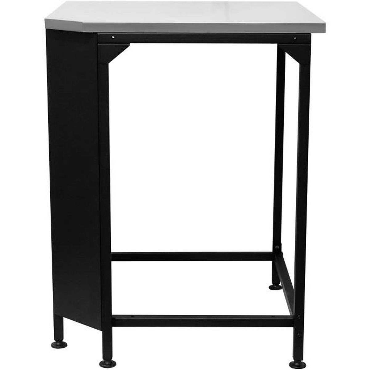 Een zwart metalen frame ondersteunt een wit tafelblad. Zwarte zijbekleding.