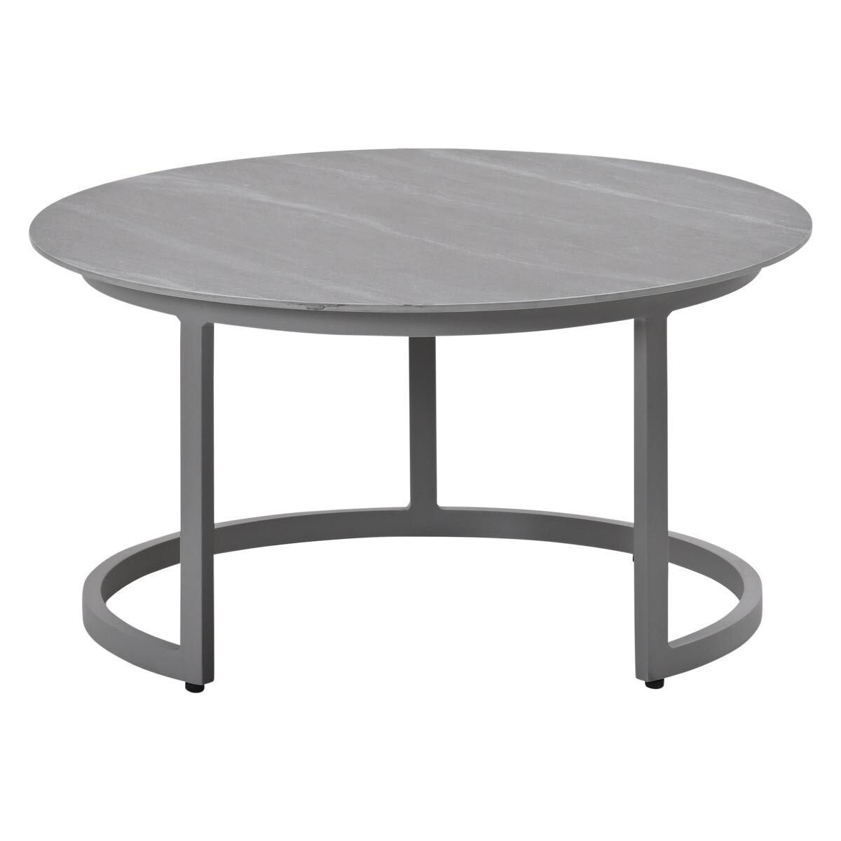 Grijze ronde salontafel met steenpatroon en metalen onderstel.