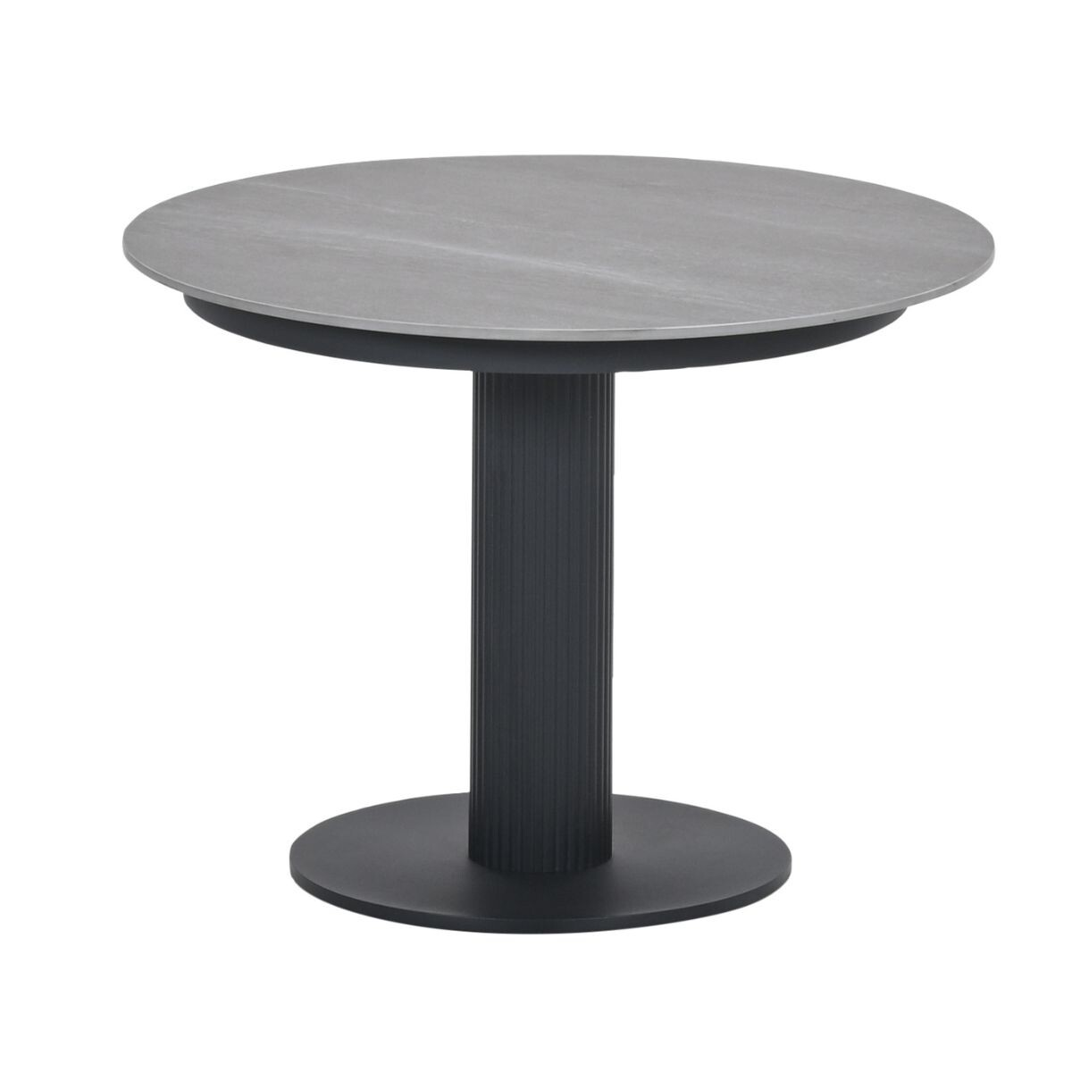 A round table with a gray marble top and a black column base on a round pedestal.