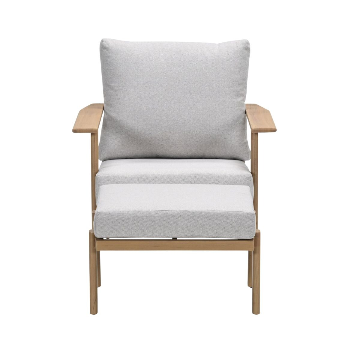 A light-colored armchair with a wooden frame and light gray cushions.