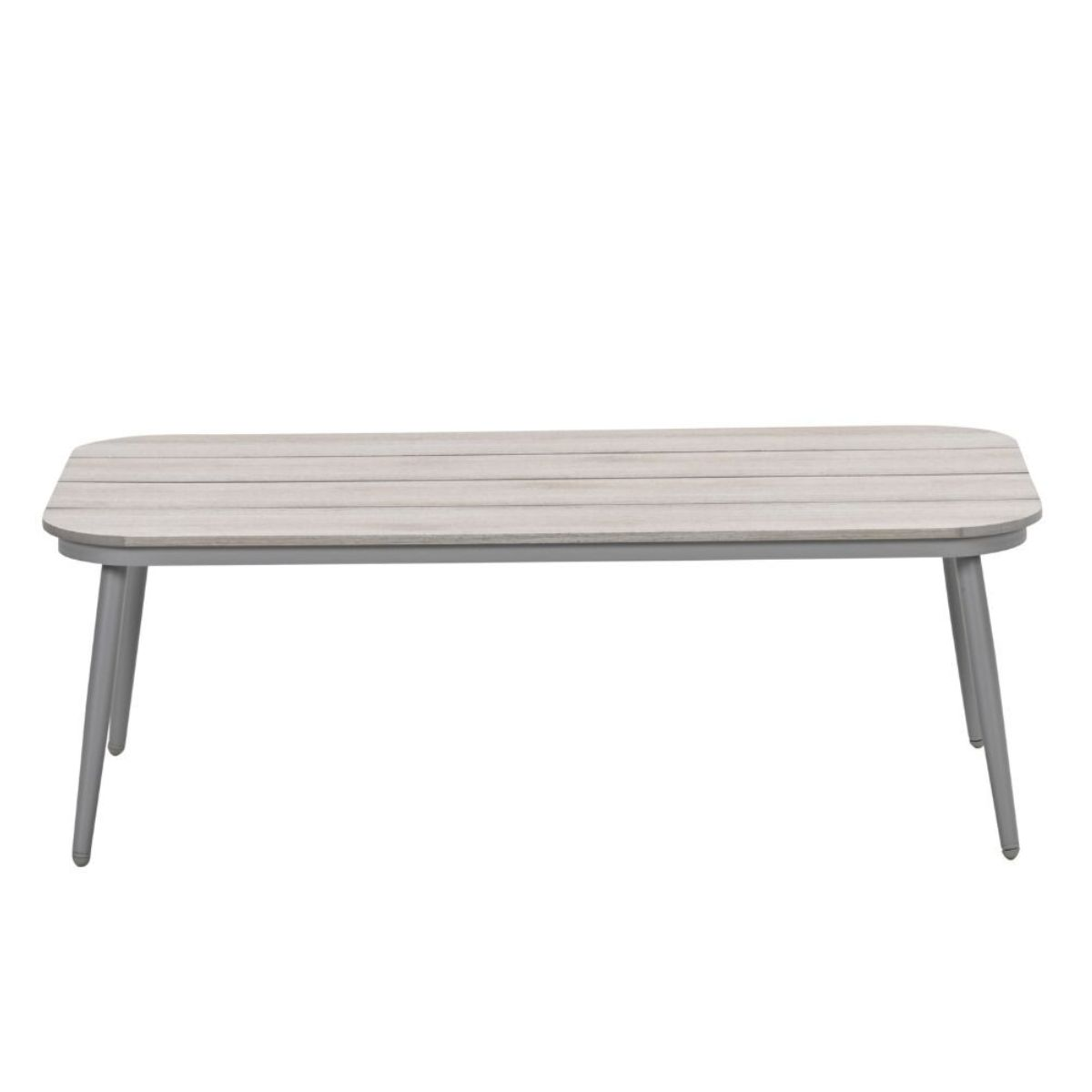 A gray bench with a slatted wood surface stands on four legs.