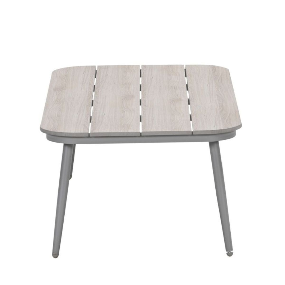 A light wood table with gray metal legs.