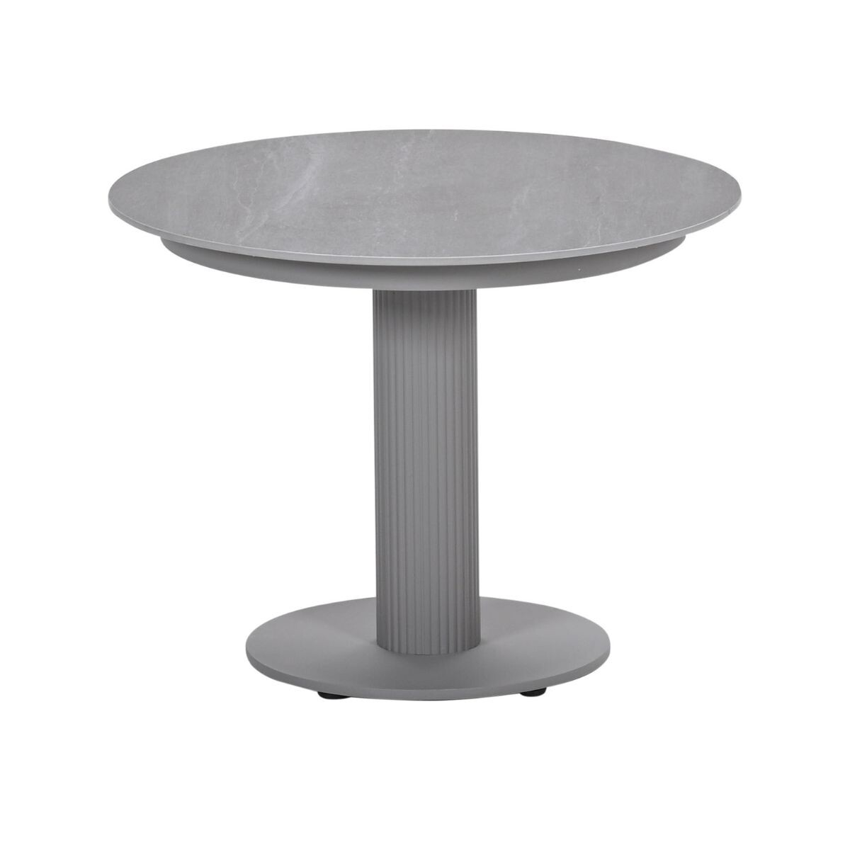 A round, grey table with a fluted pedestal base and a flat bottom.