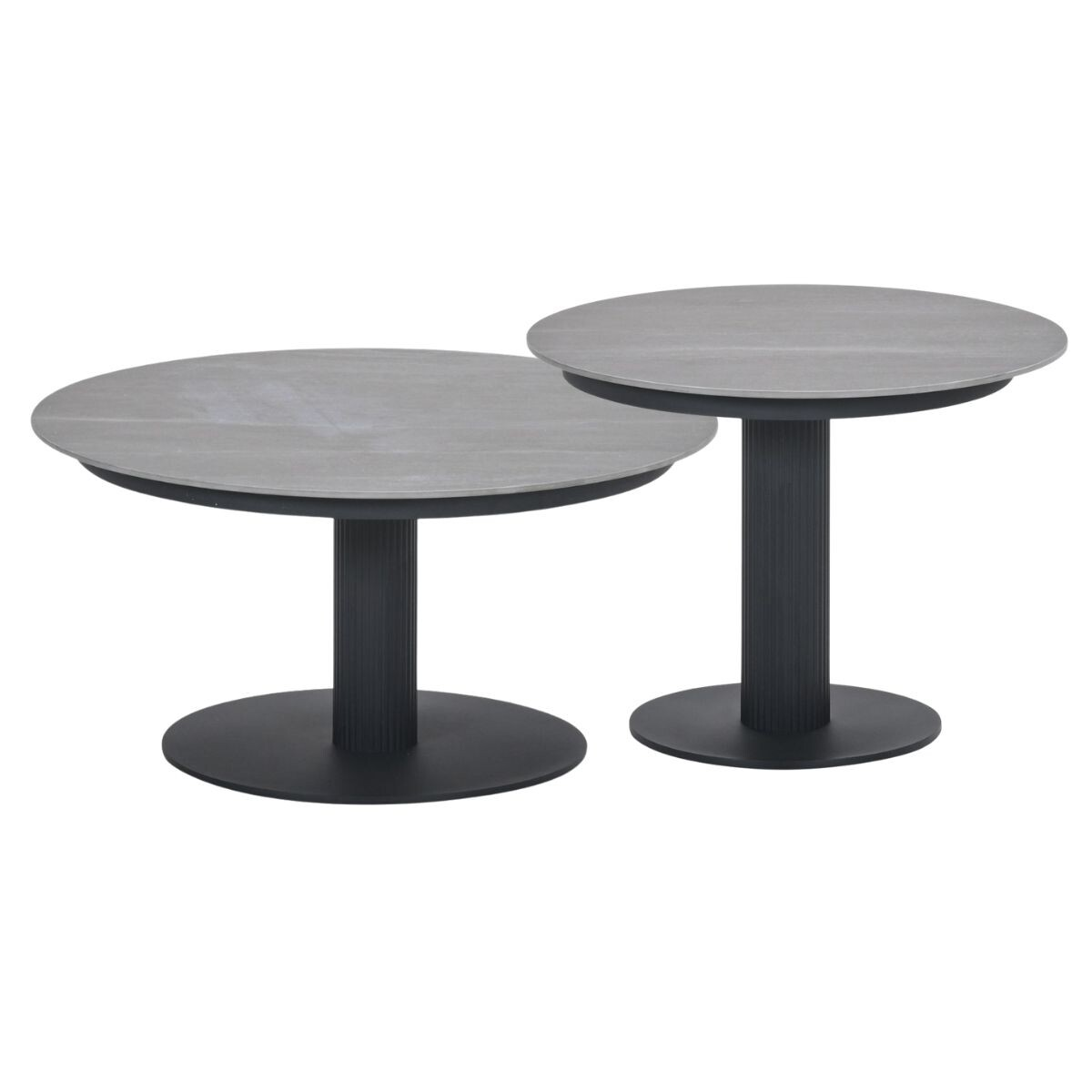 Two round gray tables with black pedestal bases on round feet.