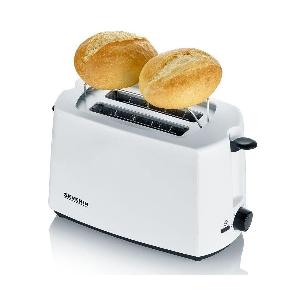 Ein weißer Toaster mit zwei Brötchen auf dem Rost.