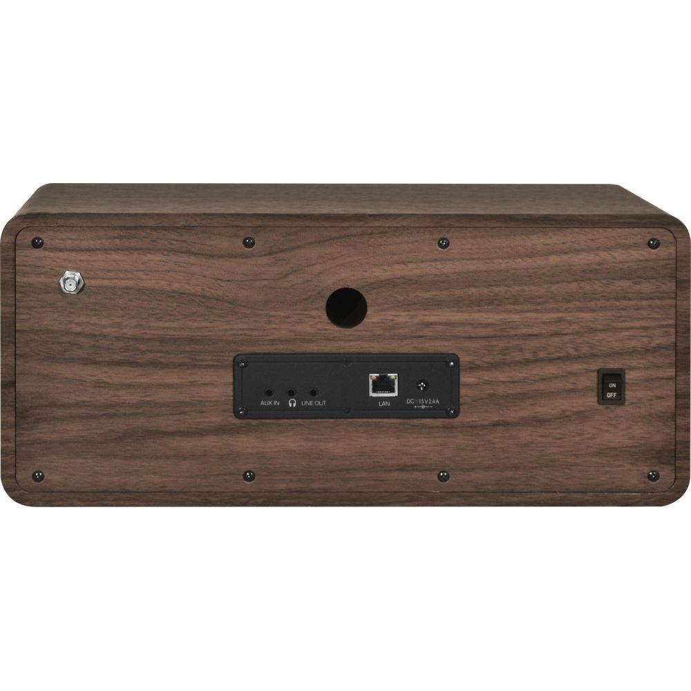 Tył drewnianego radia z portami: AUX IN, LINE OUT, LAN, DC IN i włącznik.