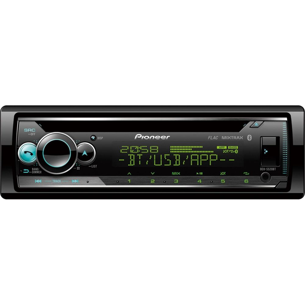 Radio de coche Pioneer con dial azul, pantalla muestra BT/USB/APP.
