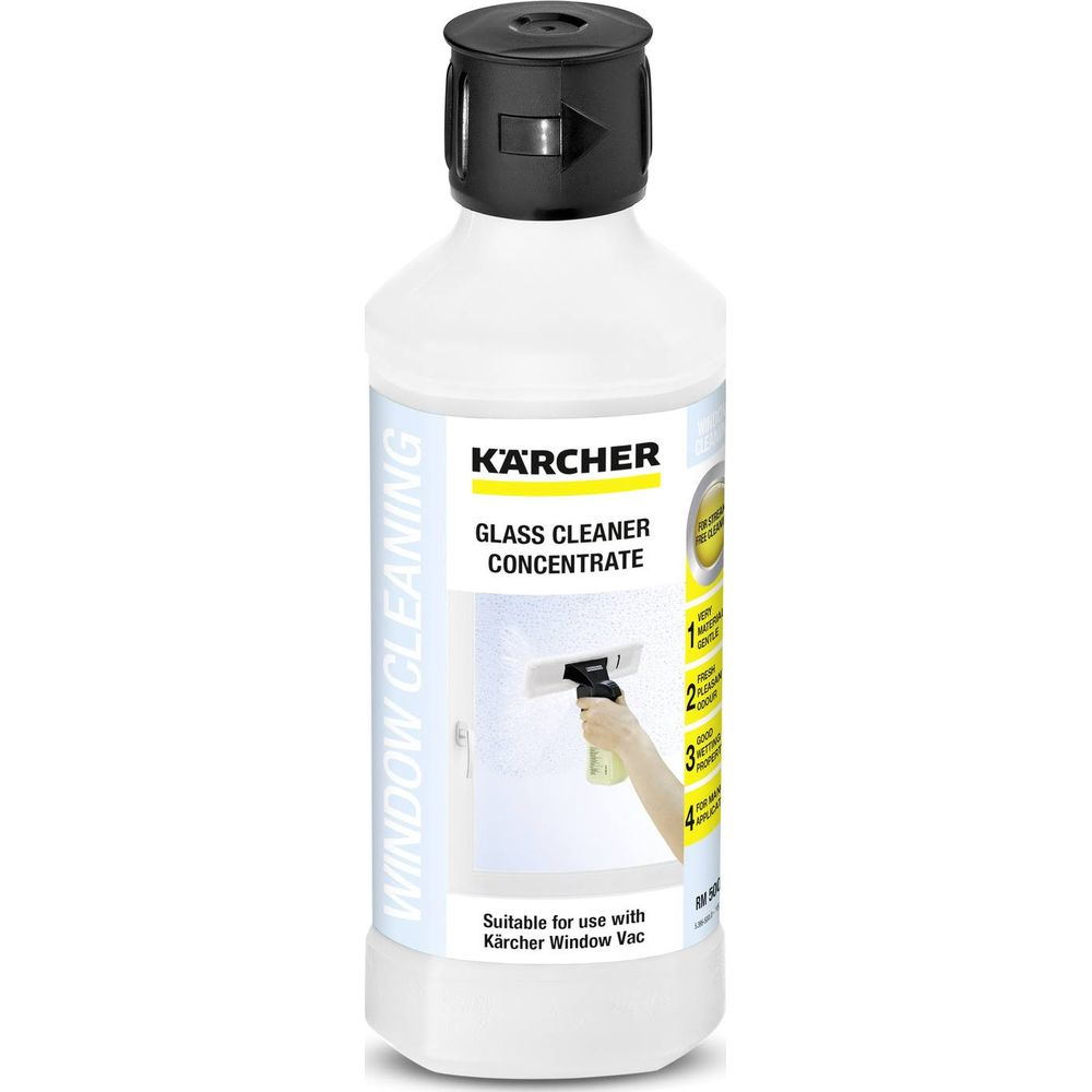 Botella blanca de limpiacristales concentrado Karcher con tapón negro, para limpiar ventanas.