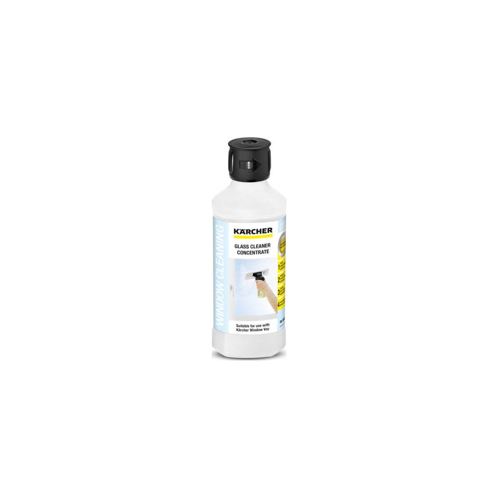 Botella de limpiacristales Kärcher concentrado con tapón negro, botella blanca.