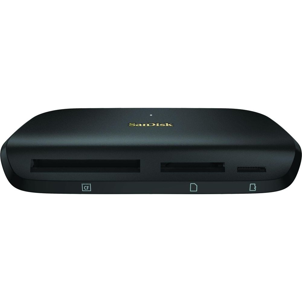 Schwarzer Kartenleser mit SanDisk-Logo, CF- und SD-Kartenslots.