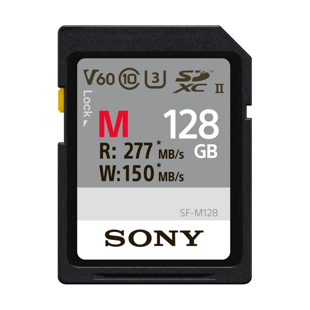 Eine schwarze Sony 128 GB SD-Karte mit V60-Bewertung, Lesegeschwindigkeit 277 MB/s.