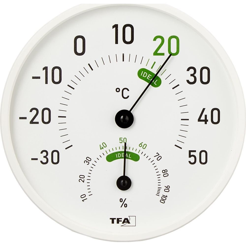 Rundes Thermometer und Hygrometer mit Skalen für Temperatur und Luftfeuchtigkeit.