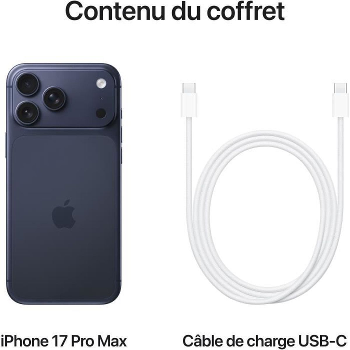 iPhone 17 Pro Max blu scuro accanto a un cavo di ricarica USB-C bianco.