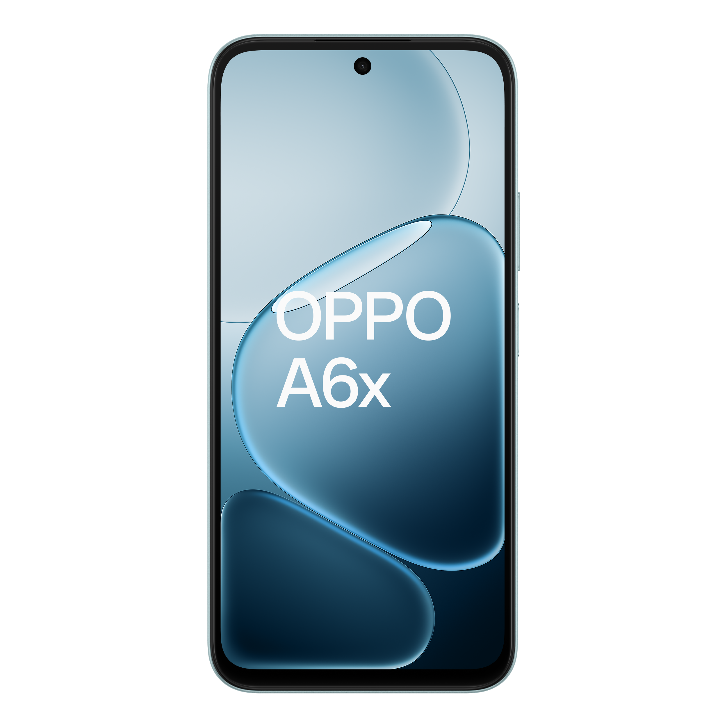 Un smartphone OPPO A6x avec un fond graphique d'onde bleue.