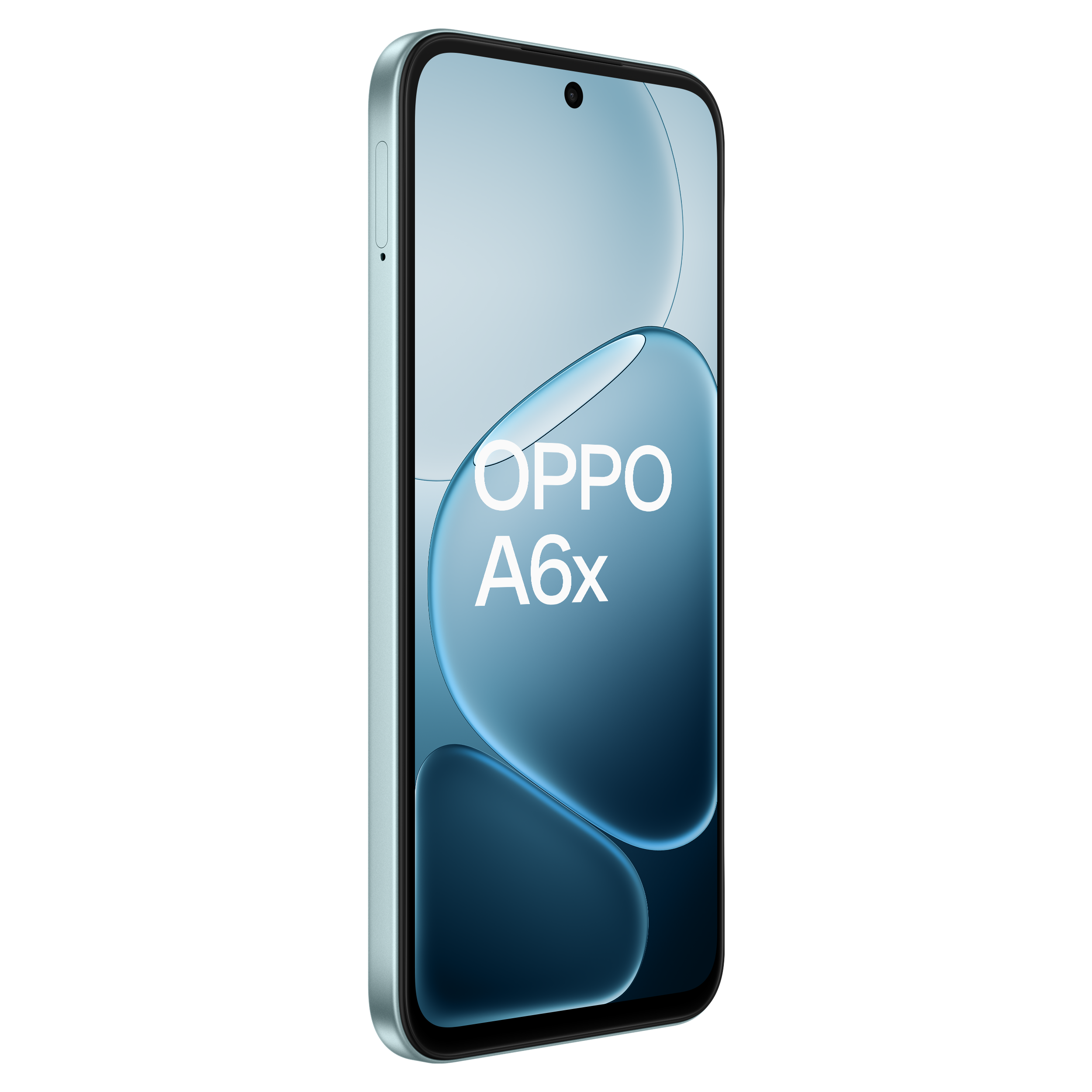 Un smartphone OPPO A6x vert clair avec une découpe pour la caméra avant.