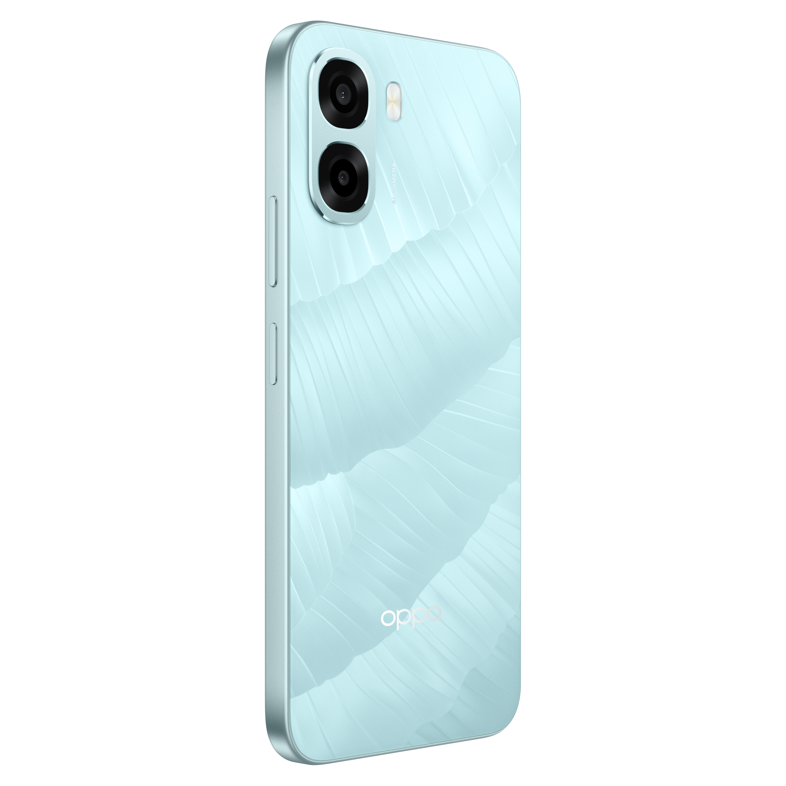 Jasnoniebieski smartfon z podwójnym aparatem i wytłoczonym wzorem.
