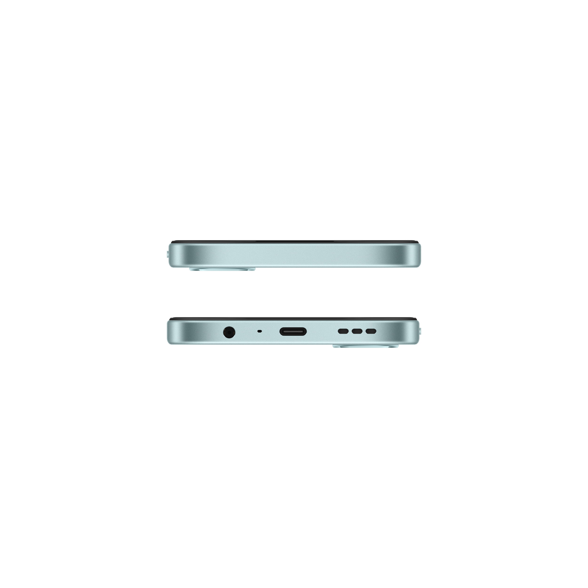 Jasnozielony smartfon z portem USB-C, gniazdem słuchawkowym i trzema maskownicami głośników.