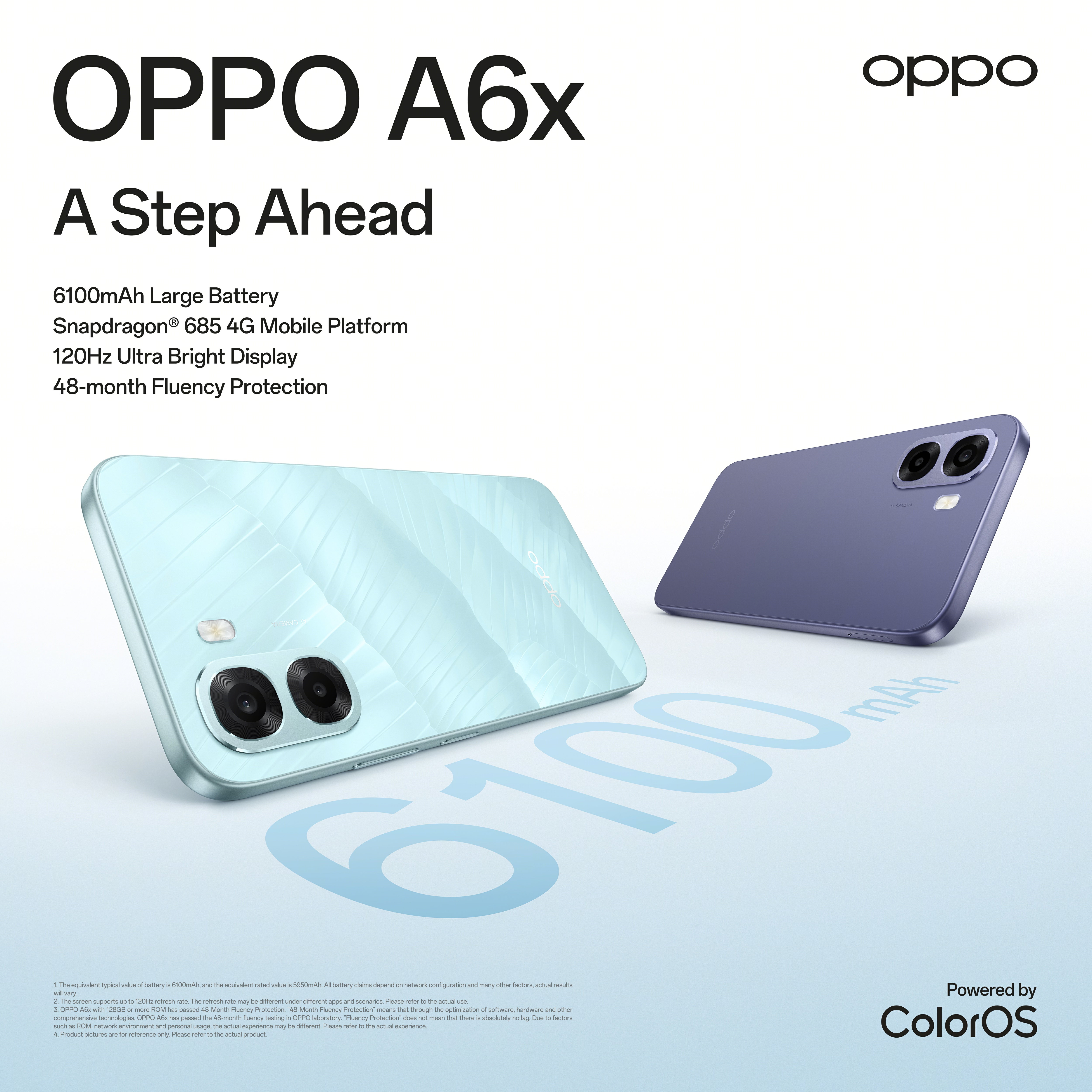 Deux téléphones OPPO A6x, un bleu clair, un violet, avec spécifications.
