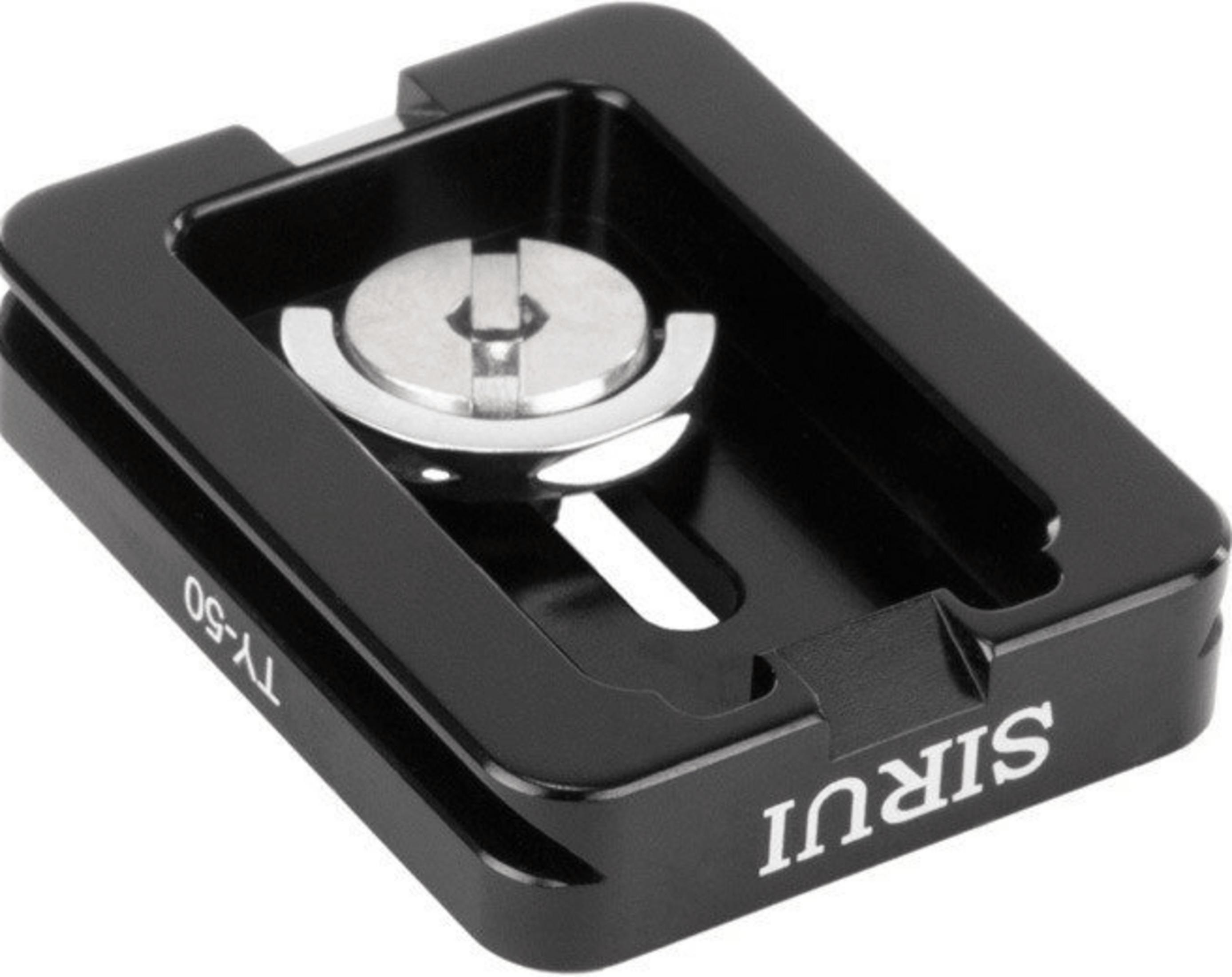 Schwarze Kameraklemme mit silbernem Verriegelungsmechanismus und Markierungen.