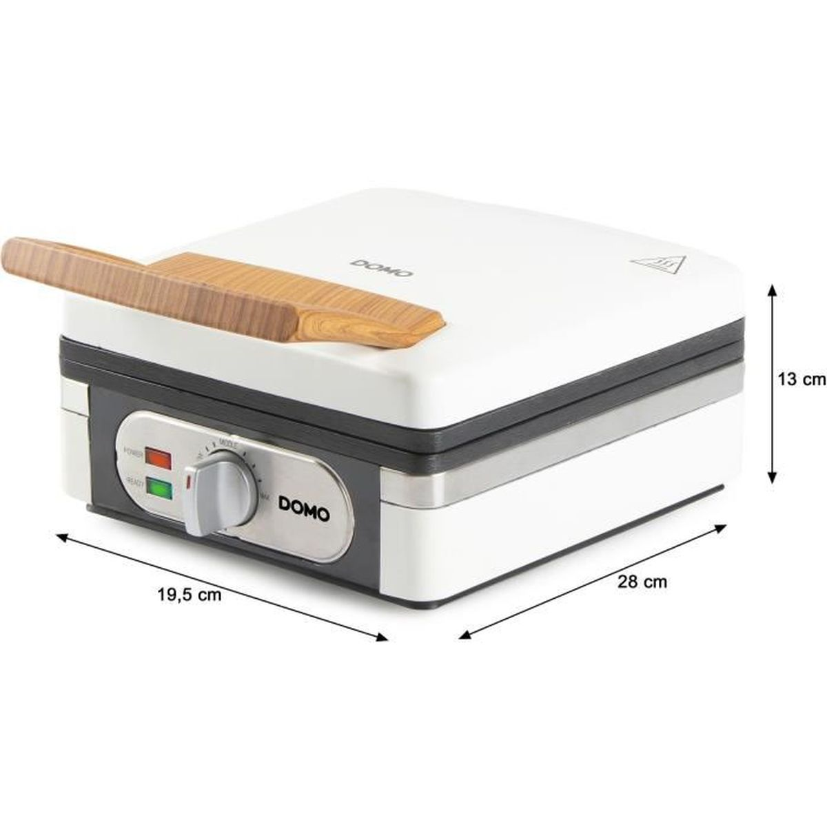 Ein weißer Waffelautomat mit Holzgriff und Bedienelementen.