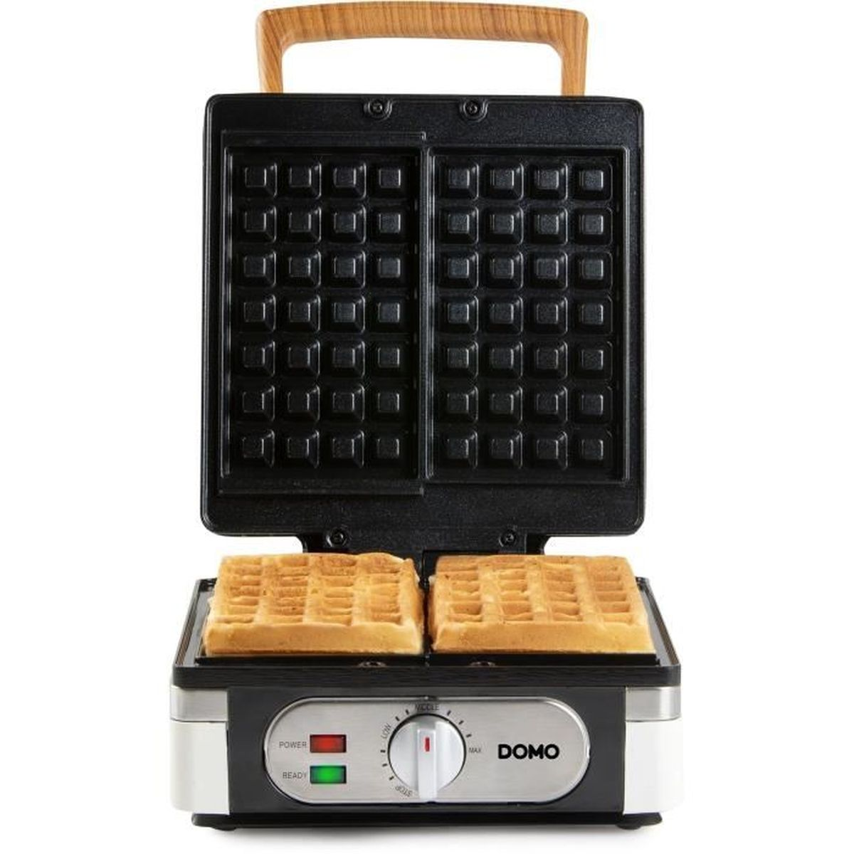 Ein Domo Waffeleisen mit zwei goldbraunen Waffeln und Holzgriff.