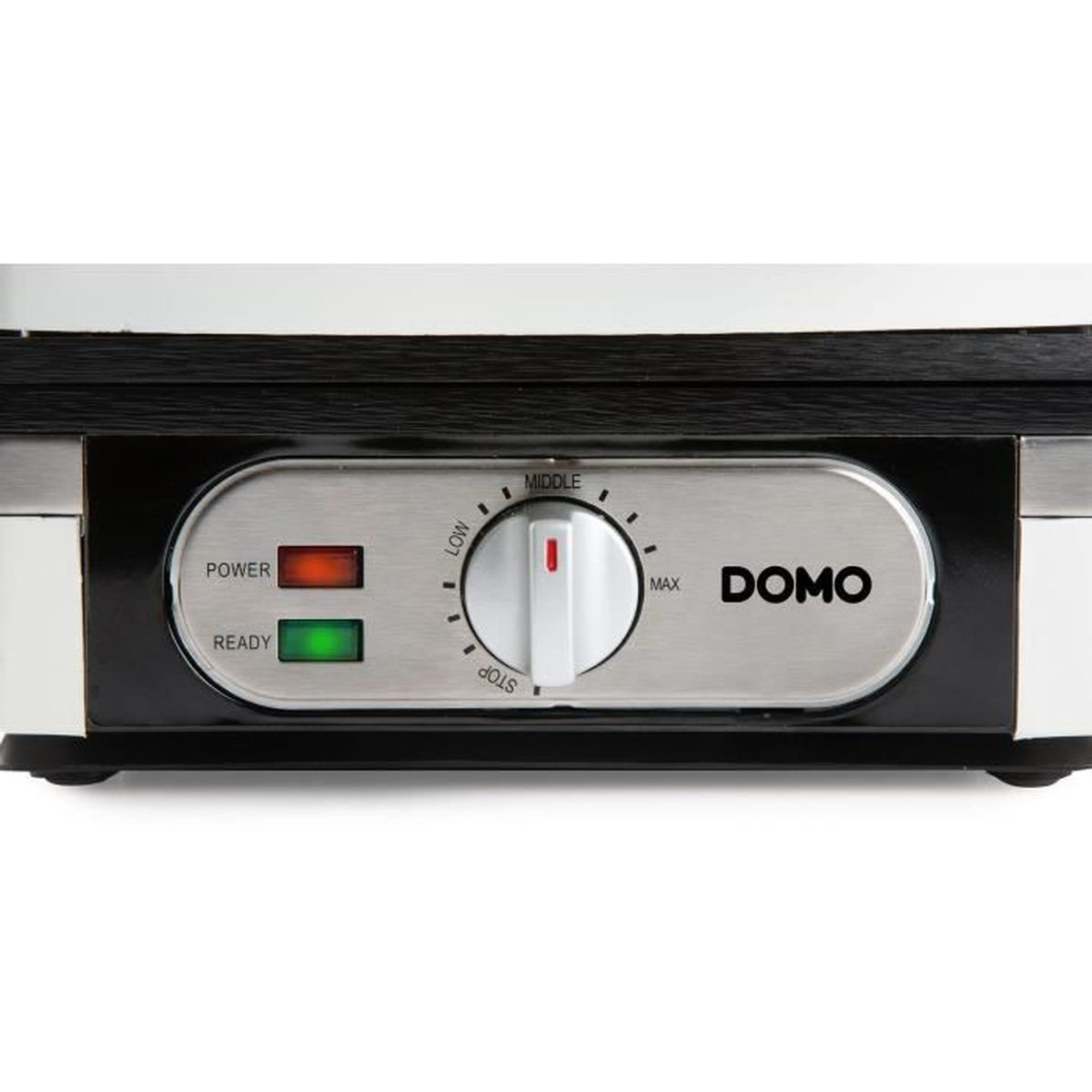 Detailansicht eines Domo-Geräts mit roten Power- und grünen Bereitschaftsanzeigen.