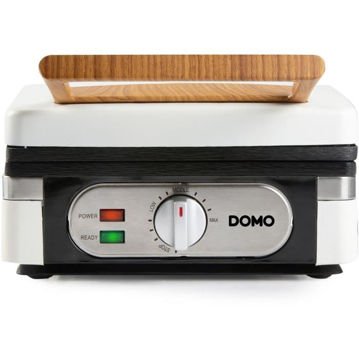 Ein weißer Domo Sandwichmaker mit Holzgriff und Bedienfeld.