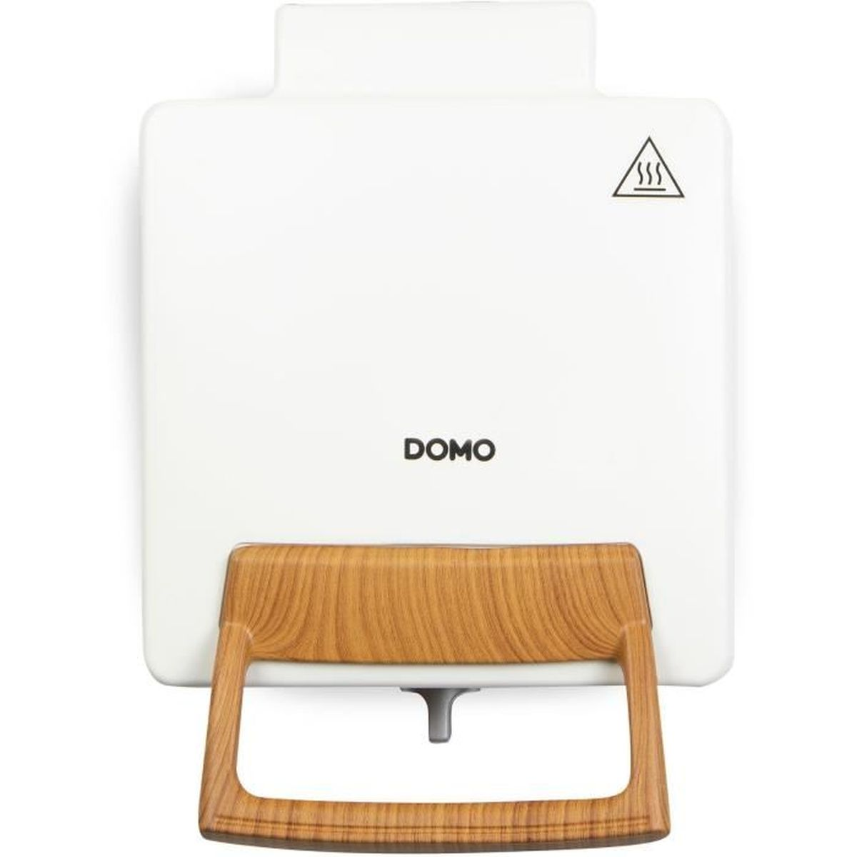 Weißer Domo Sandwichmaker mit Holzgriff und Hitzewarnsymbol.