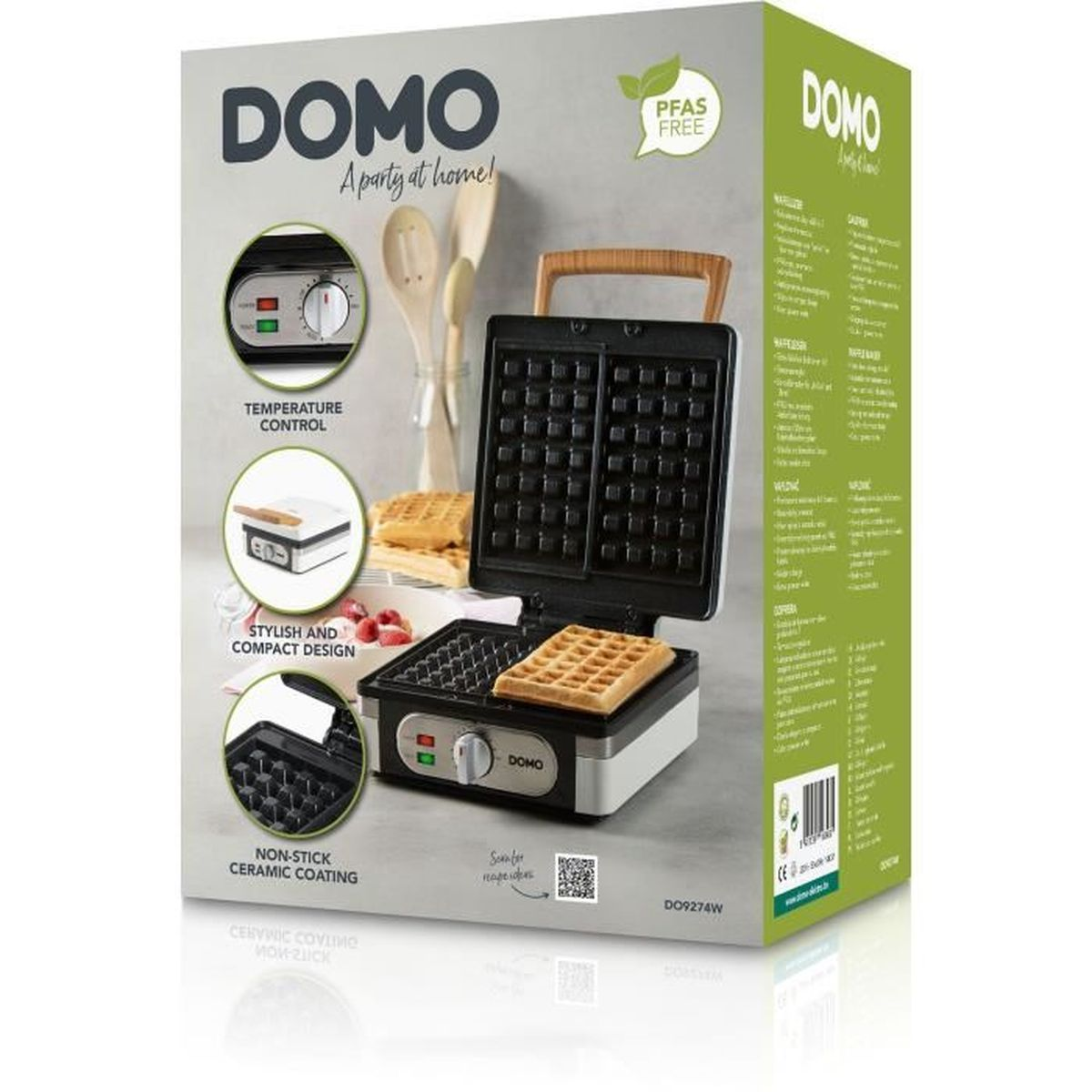 Verpackung für ein DOMO Waffeleisen mit Waffel, Temperaturregelung und Antihaftbeschichtung.